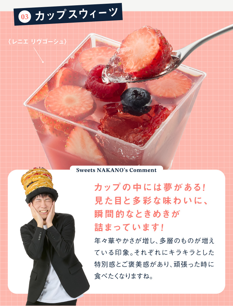 03 カップスウィーツ　カップの中には夢がある！見た目と多彩な味わいに、瞬間的なときめきが詰まっています！
