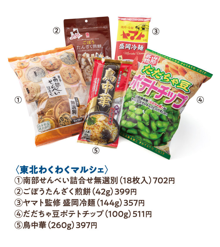 〈東北わくわくマルシェ〉南部せんべい詰合せ無選別、ごぼうたんざく煎餅、ヤマト監修 盛岡冷麺、だだちゃ豆ポテトチップ、鳥中華