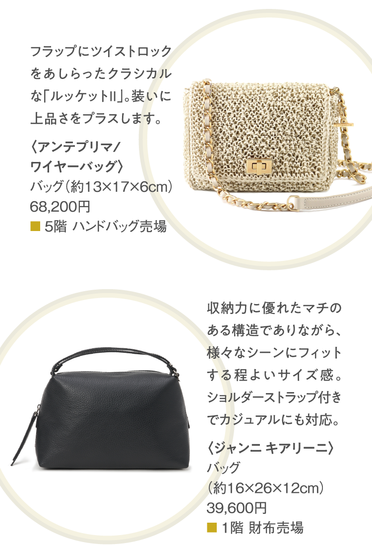 Above: <ANTEPRIMA/WIREBAG> Bag (about 13 x 17 x 6 cm) 68,200 yen. Below: <Giannicialini> Bag (approx. 16×26×12cm) ¥39,600